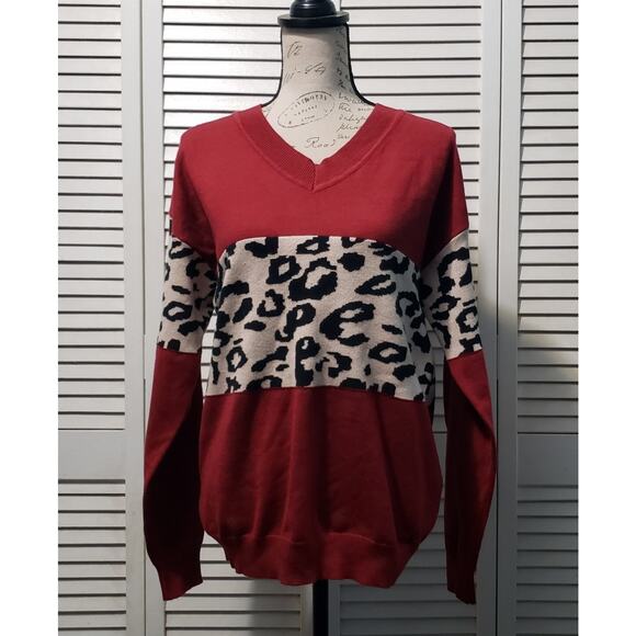 Women's V-Neck Knit Sweater Women's Small Cranberry Leopard Print Long Sleeve - Picture 1 of 9
